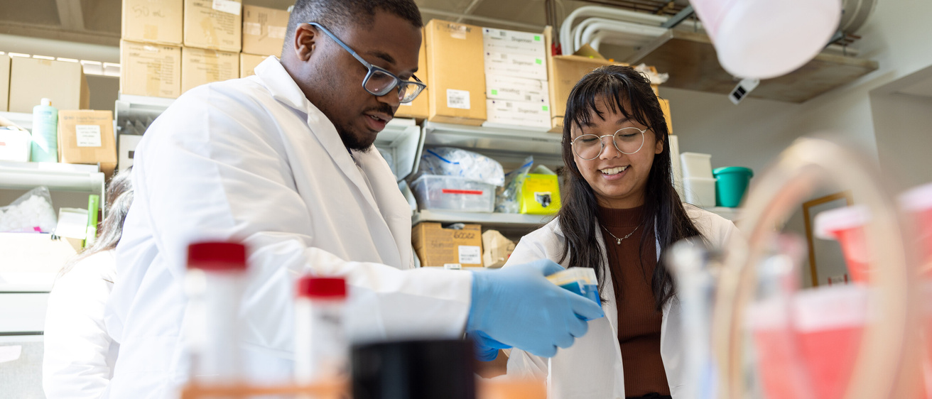 ICARE Post-Baccalaureate Fellows on the Carver College of Medicine campus on Tuesday, September 26, 2023. Pictured are: Kassandra Sanchez, Kim Serrano, Analy Phonephakdy, Koffi Amegble. The Holden Comprehensive Cancer Center has launched the ICARE Post-Baccalaureate Fellows Program in partnership with the American Cancer Society for recent graduates who are considering graduate school and a career in cancer research.