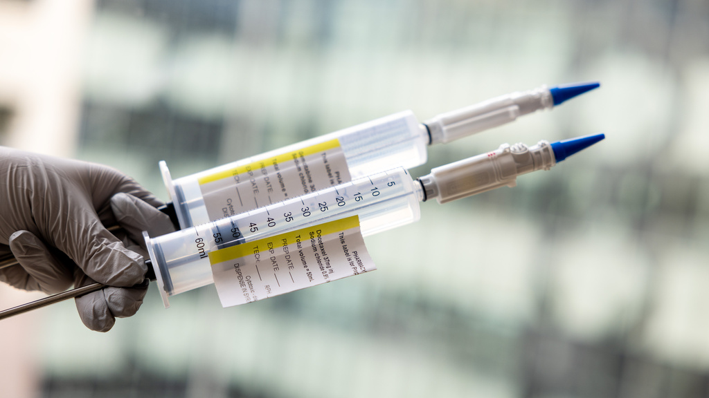 Syringes with simulated chemotherapy drugs photographed on Friday, March 3, 2023. Combination chemotherapy with gemcitabine and docetaxel has been found to be an effective treatment for non-muscle-invasive bladder cancer.